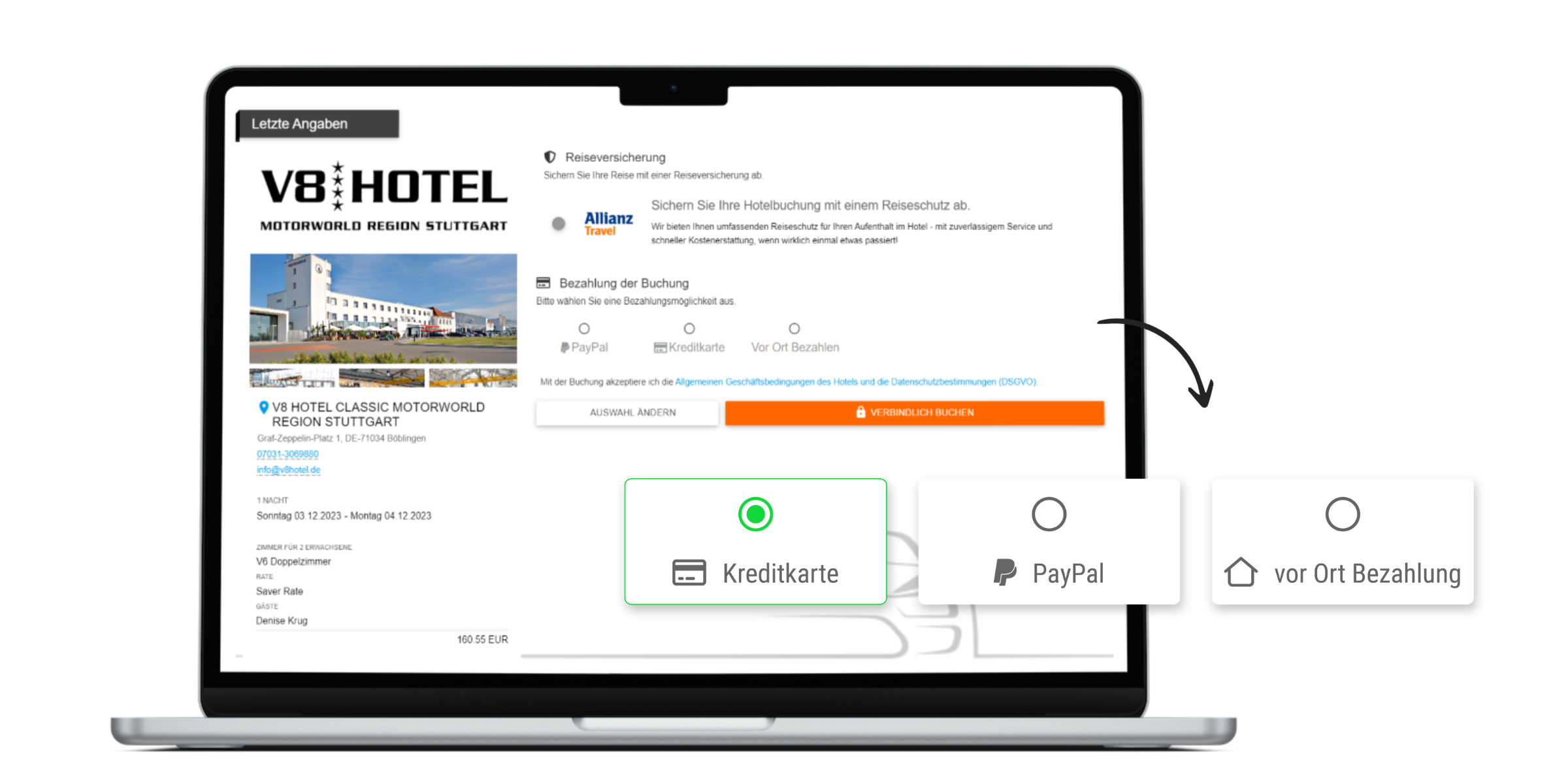 Mockup des Checkouts mit Zahlungs-Optionen in der Direktbuchungsmaske (DIRS21) der V8-Hotels