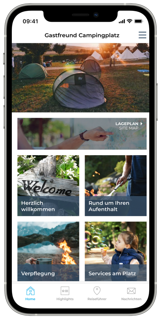 Smartphone mit digitaler Gaestemappe für Campingplatz