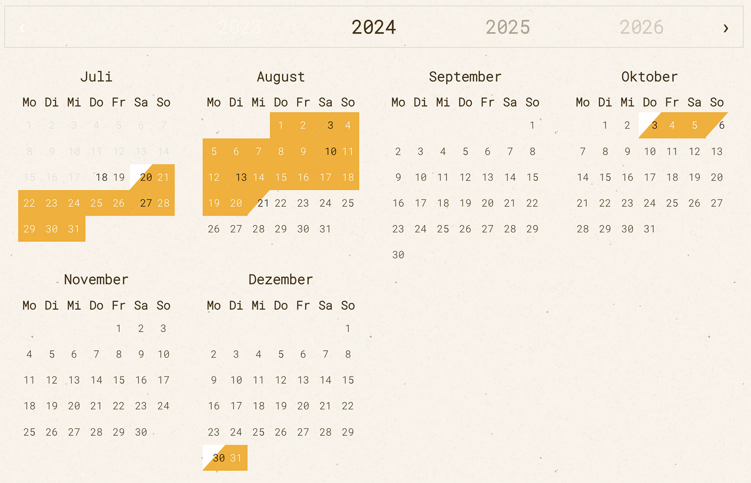 Schlichter Kalender von Ferienhausmiete