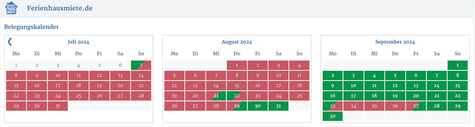 Schlichter Kalender von Ferienhausmiete