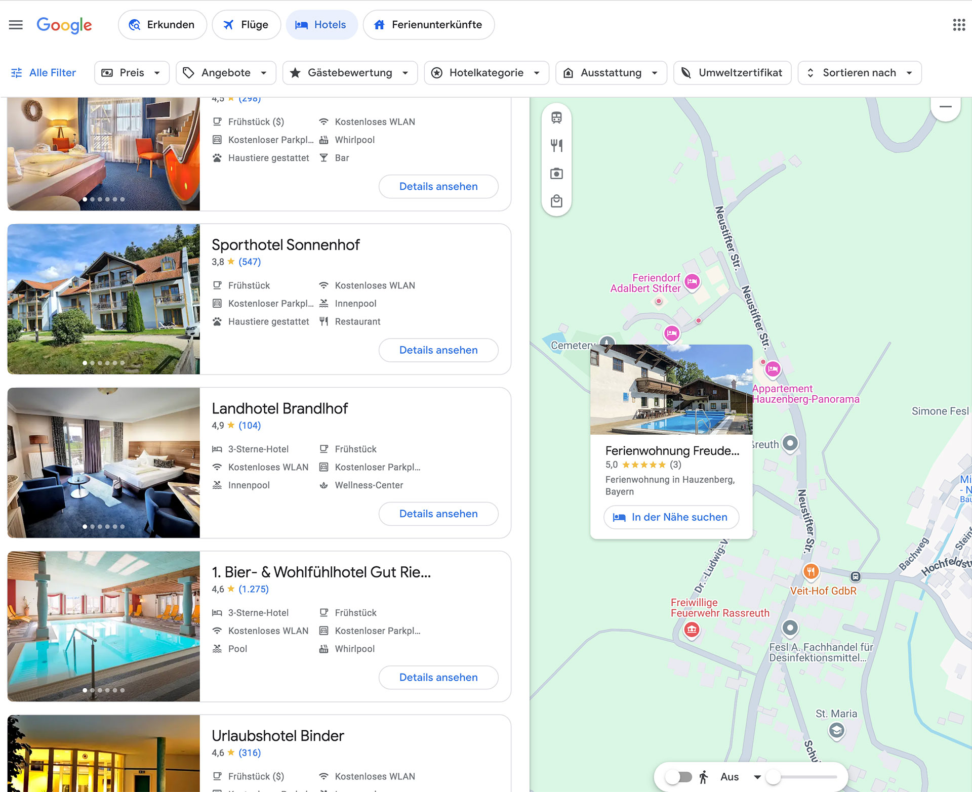 Google VacationRentals Suchergebnisse