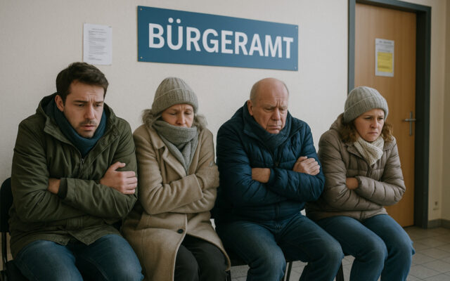 frierende Bürgerinnen und Bürger im Wartebereich eines Bürgeramts