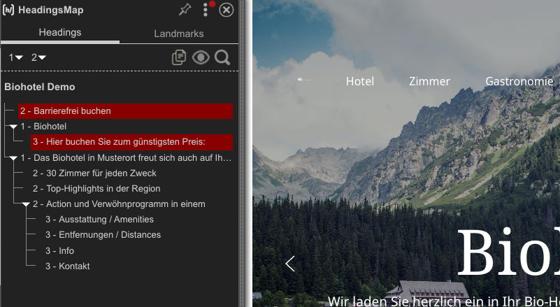 Headingsmap Plugin um die Seitenstruktur zu prüfen