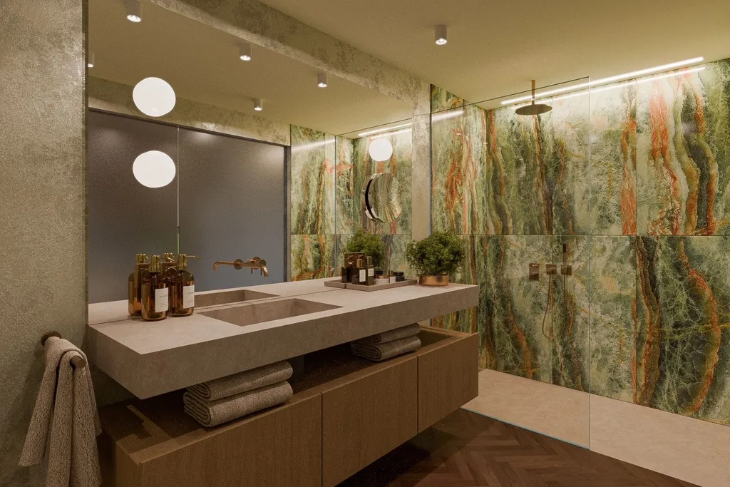 Zeitloses Design und natürliche Materialien in den Badezimmern im Noa Schladming.